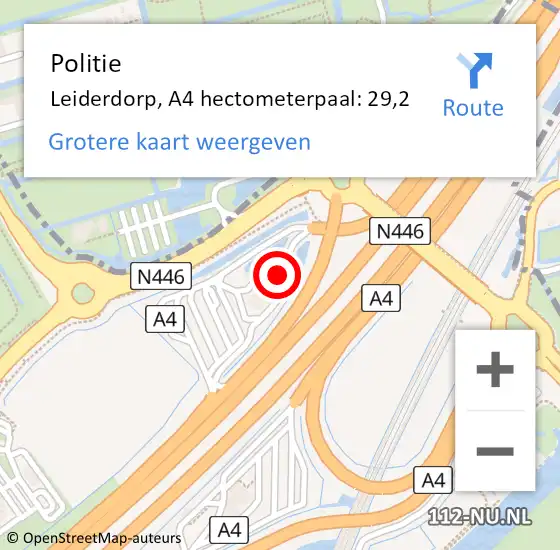 Locatie op kaart van de 112 melding: Politie Leiderdorp, A4 hectometerpaal: 29,2 op 28 mei 2024 21:31