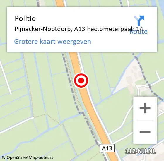 Locatie op kaart van de 112 melding: Politie Pijnacker-Nootdorp, A13 hectometerpaal: 14 op 28 mei 2024 21:37