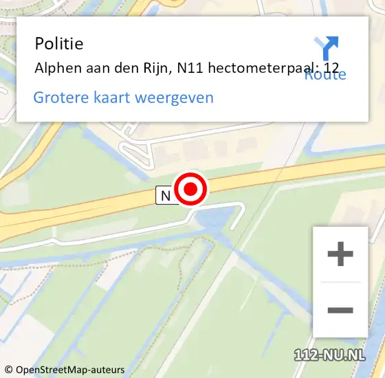 Locatie op kaart van de 112 melding: Politie Alphen aan den Rijn, N11 hectometerpaal: 12 op 28 mei 2024 22:46