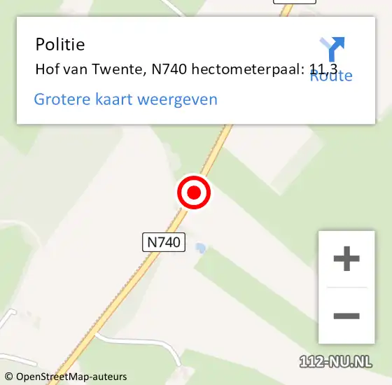 Locatie op kaart van de 112 melding: Politie Hof van Twente, N740 hectometerpaal: 11,3 op 28 mei 2024 23:52
