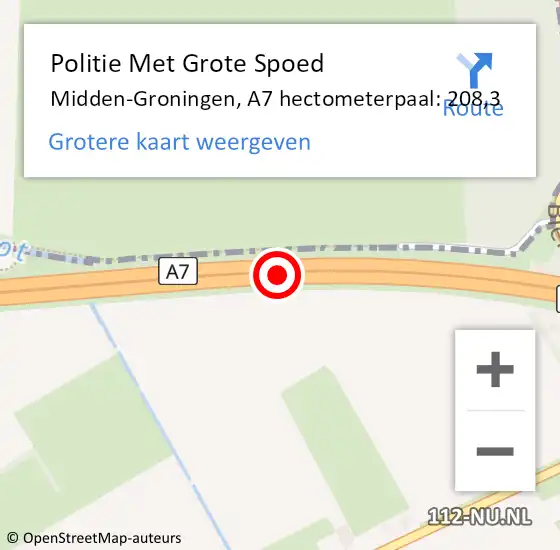 Locatie op kaart van de 112 melding: Politie Met Grote Spoed Naar Midden-Groningen, A7 hectometerpaal: 208,3 op 29 mei 2024 00:17