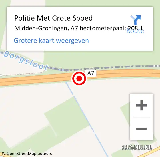 Locatie op kaart van de 112 melding: Politie Met Grote Spoed Naar Midden-Groningen, A7 hectometerpaal: 208,1 op 29 mei 2024 00:18