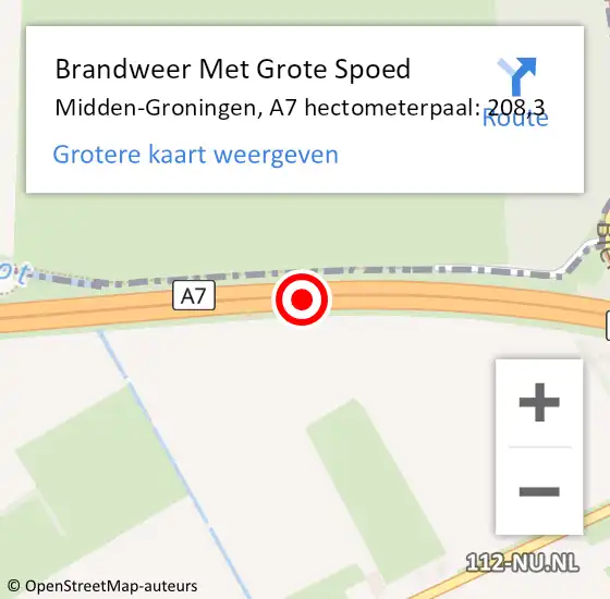 Locatie op kaart van de 112 melding: Brandweer Met Grote Spoed Naar Midden-Groningen, A7 hectometerpaal: 208,3 op 29 mei 2024 00:27