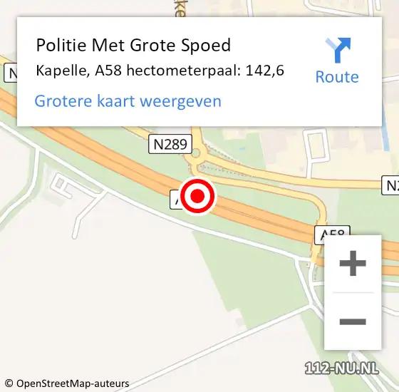 Locatie op kaart van de 112 melding: Politie Met Grote Spoed Naar Kapelle, A58 hectometerpaal: 142,6 op 29 mei 2024 07:34