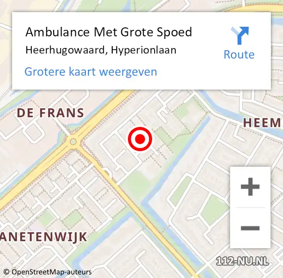 Locatie op kaart van de 112 melding: Ambulance Met Grote Spoed Naar Heerhugowaard, Hyperionlaan op 29 mei 2024 08:10