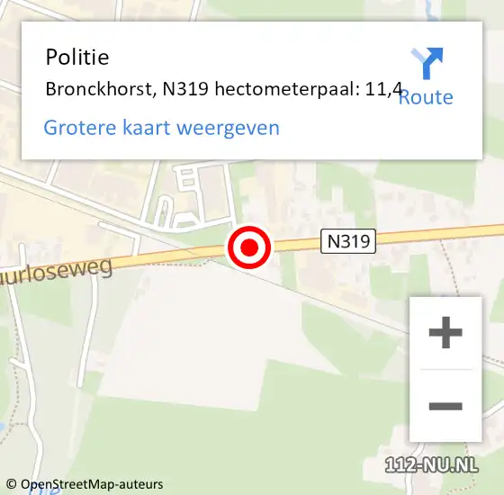 Locatie op kaart van de 112 melding: Politie Bronckhorst, N319 hectometerpaal: 11,4 op 29 mei 2024 08:55