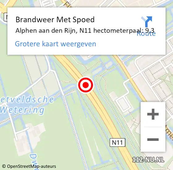 Locatie op kaart van de 112 melding: Brandweer Met Spoed Naar Alphen aan den Rijn, N11 hectometerpaal: 9,3 op 29 mei 2024 08:57