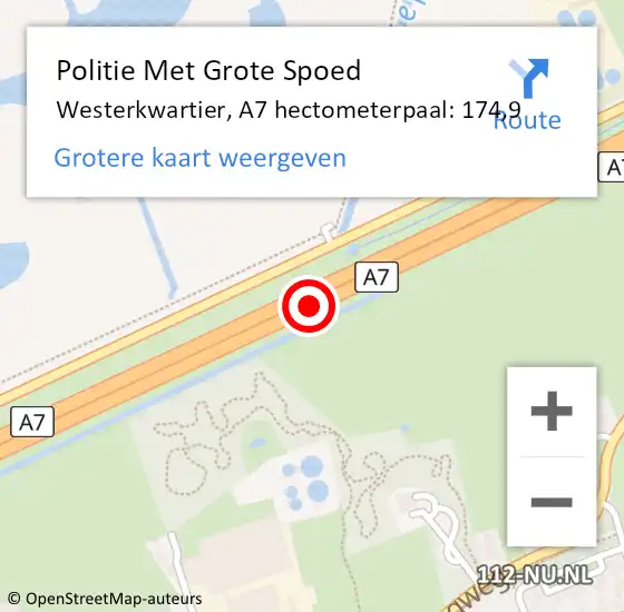 Locatie op kaart van de 112 melding: Politie Met Grote Spoed Naar Westerkwartier, A7 hectometerpaal: 174,9 op 29 mei 2024 09:09