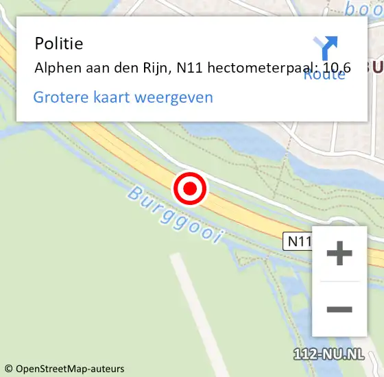 Locatie op kaart van de 112 melding: Politie Alphen aan den Rijn, N11 hectometerpaal: 10,6 op 29 mei 2024 10:42