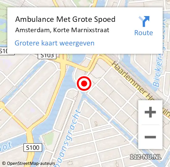 Locatie op kaart van de 112 melding: Ambulance Met Grote Spoed Naar Amsterdam, Korte Marnixstraat op 29 mei 2024 11:55