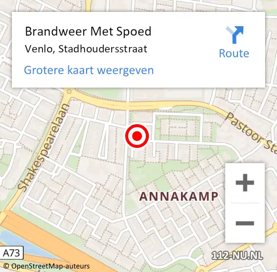 Locatie op kaart van de 112 melding: Brandweer Met Spoed Naar Venlo, Stadhoudersstraat op 29 mei 2024 12:05