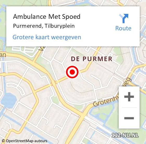 Locatie op kaart van de 112 melding: Ambulance Met Spoed Naar Purmerend, Tilburyplein op 29 mei 2024 12:56