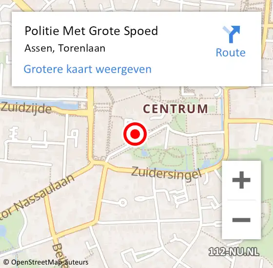 Locatie op kaart van de 112 melding: Politie Met Grote Spoed Naar Assen, Torenlaan op 29 mei 2024 13:36