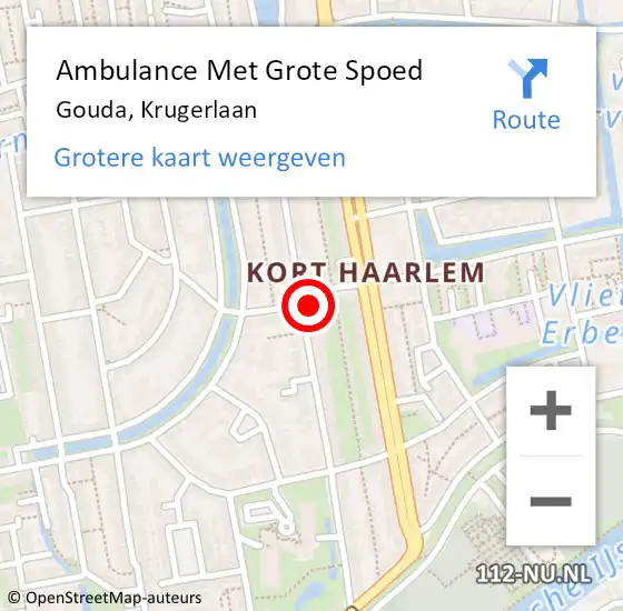 Locatie op kaart van de 112 melding: Ambulance Met Grote Spoed Naar Gouda, Krugerlaan op 29 mei 2024 13:48