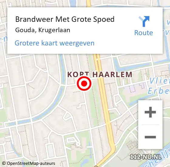 Locatie op kaart van de 112 melding: Brandweer Met Grote Spoed Naar Gouda, Krugerlaan op 29 mei 2024 14:06