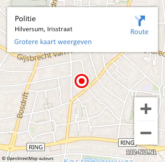 Locatie op kaart van de 112 melding: Politie Hilversum, Irisstraat op 29 mei 2024 14:12