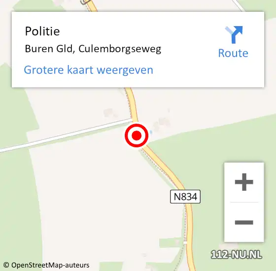 Locatie op kaart van de 112 melding: Politie Buren, N834 hectometerpaal: 2,2 op 29 mei 2024 14:31