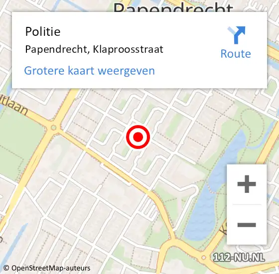 Locatie op kaart van de 112 melding: Politie Papendrecht, Klaproosstraat op 29 mei 2024 14:47