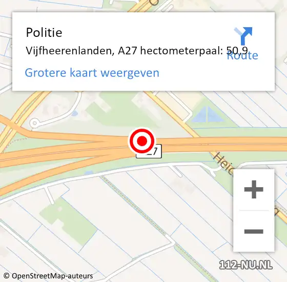 Locatie op kaart van de 112 melding: Politie Vijfheerenlanden, A27 hectometerpaal: 50,9 op 29 mei 2024 15:11