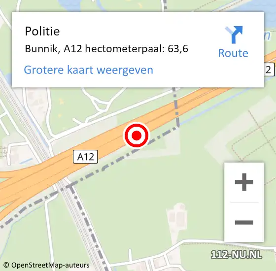 Locatie op kaart van de 112 melding: Politie Bunnik, A12 hectometerpaal: 63,6 op 29 mei 2024 15:29