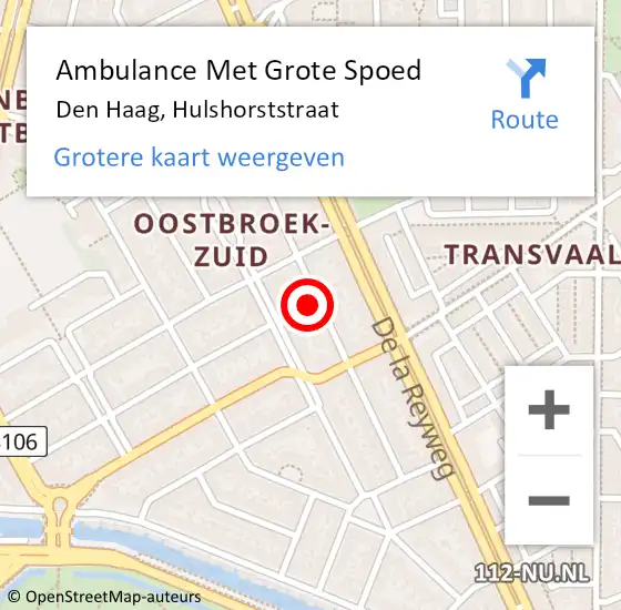 Locatie op kaart van de 112 melding: Ambulance Met Grote Spoed Naar Den Haag, Hulshorststraat op 29 mei 2024 15:36