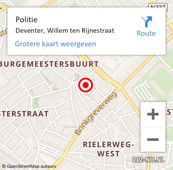 Locatie op kaart van de 112 melding: Politie Deventer, Willem ten Rijnestraat op 29 mei 2024 15:42