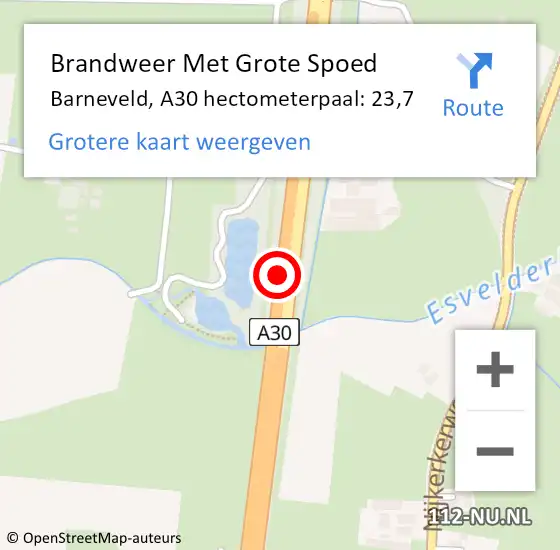 Locatie op kaart van de 112 melding: Brandweer Met Grote Spoed Naar Barneveld, A30 hectometerpaal: 23,7 op 29 mei 2024 16:54