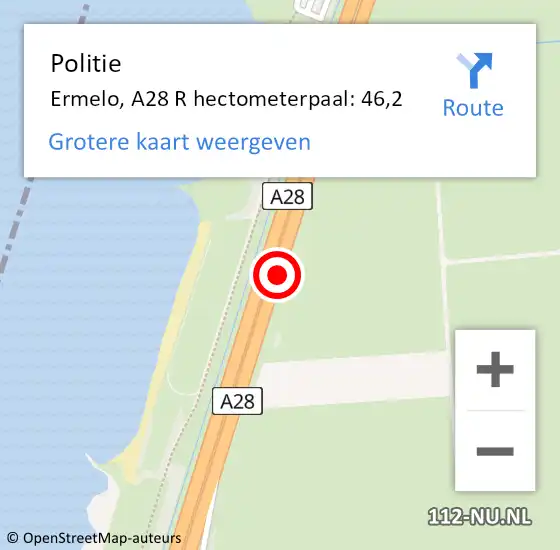 Locatie op kaart van de 112 melding: Politie Ermelo, A28 R hectometerpaal: 46,2 op 7 oktober 2014 15:56