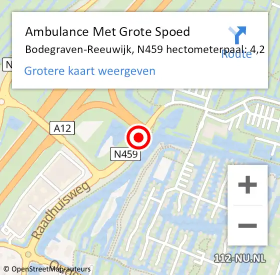 Locatie op kaart van de 112 melding: Ambulance Met Grote Spoed Naar Bodegraven-Reeuwijk, N459 hectometerpaal: 4,2 op 29 mei 2024 17:11