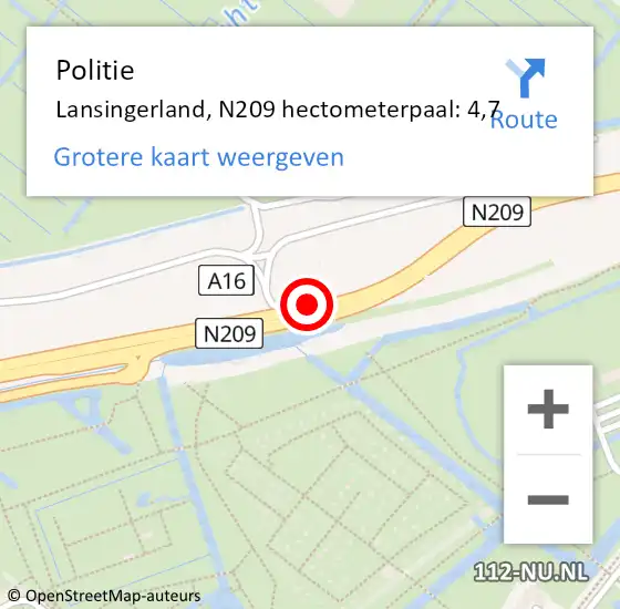 Locatie op kaart van de 112 melding: Politie Lansingerland, N209 hectometerpaal: 4,7 op 29 mei 2024 17:21
