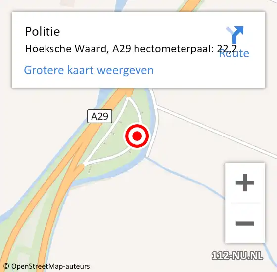 Locatie op kaart van de 112 melding: Politie Hoeksche Waard, A29 hectometerpaal: 22,2 op 29 mei 2024 17:32