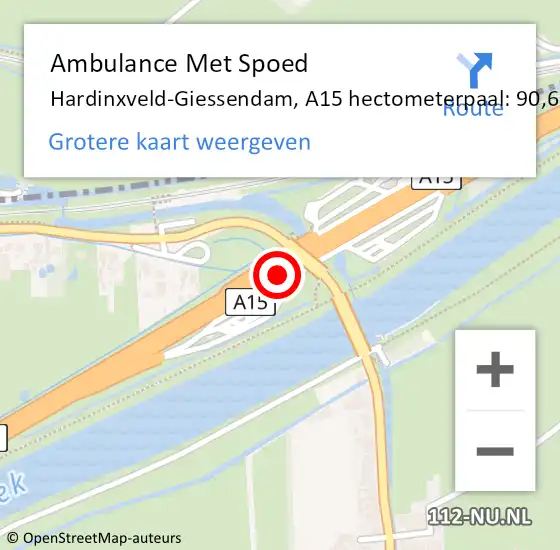 Locatie op kaart van de 112 melding: Ambulance Met Spoed Naar Hardinxveld-Giessendam, A15 hectometerpaal: 90,6 op 29 mei 2024 17:35