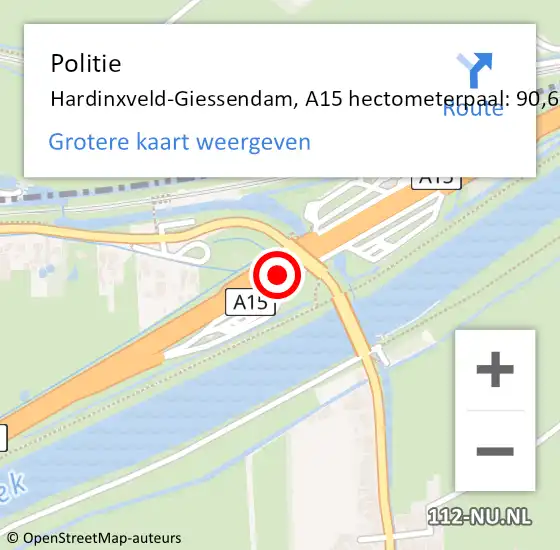 Locatie op kaart van de 112 melding: Politie Hardinxveld-Giessendam, A15 hectometerpaal: 90,6 op 29 mei 2024 17:37