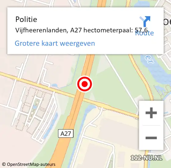 Locatie op kaart van de 112 melding: Politie Vijfheerenlanden, A27 hectometerpaal: 57,6 op 29 mei 2024 17:57