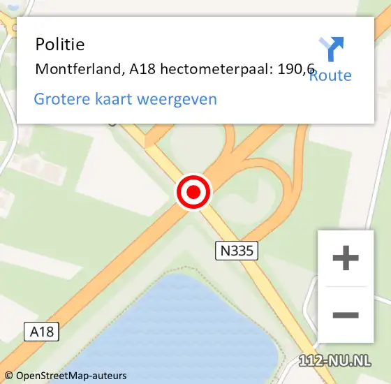 Locatie op kaart van de 112 melding: Politie Montferland, A18 hectometerpaal: 190,6 op 29 mei 2024 17:58