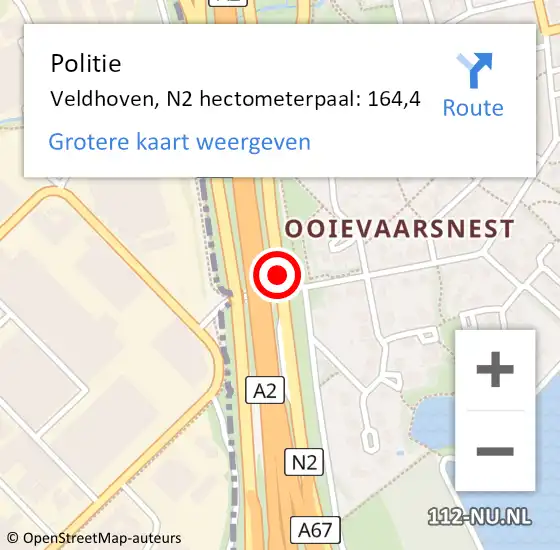 Locatie op kaart van de 112 melding: Politie Veldhoven, N2 hectometerpaal: 164,4 op 29 mei 2024 18:30