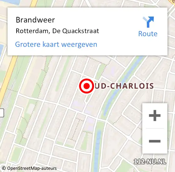 Locatie op kaart van de 112 melding: Brandweer Rotterdam, De Quackstraat op 29 mei 2024 21:14