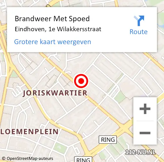 Locatie op kaart van de 112 melding: Brandweer Met Spoed Naar Eindhoven, 1e Wilakkersstraat op 29 mei 2024 21:15