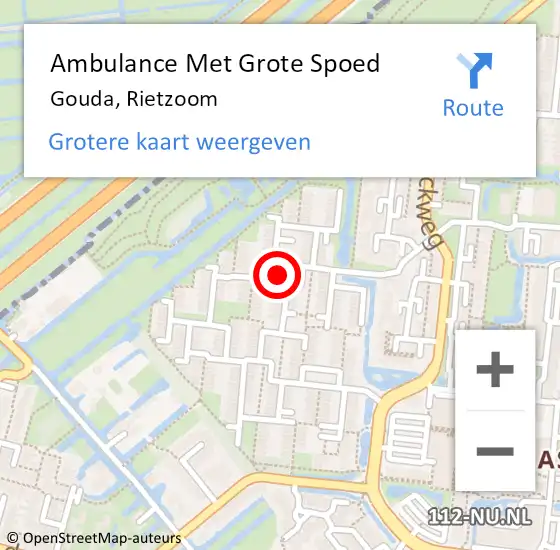 Locatie op kaart van de 112 melding: Ambulance Met Grote Spoed Naar Gouda, Rietzoom op 29 mei 2024 22:30