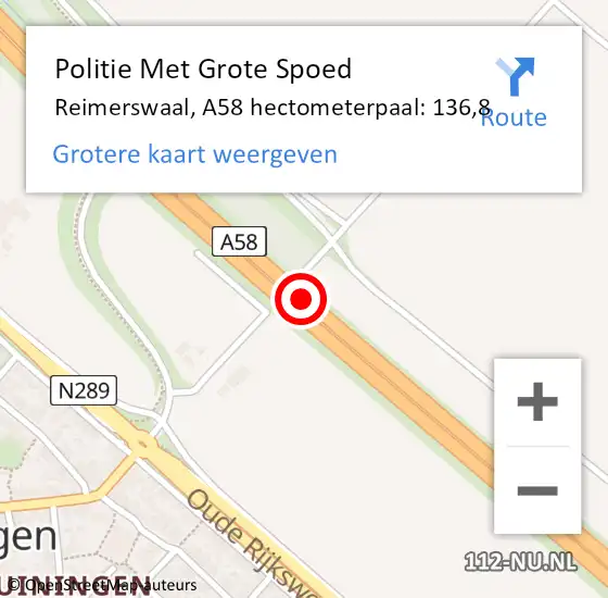 Locatie op kaart van de 112 melding: Politie Met Grote Spoed Naar Reimerswaal, A58 hectometerpaal: 136,8 op 29 mei 2024 23:21