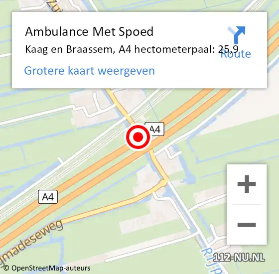 Locatie op kaart van de 112 melding: Ambulance Met Spoed Naar Kaag en Braassem, A4 hectometerpaal: 25,9 op 30 mei 2024 01:22