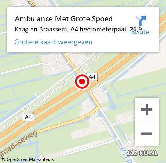 Locatie op kaart van de 112 melding: Ambulance Met Grote Spoed Naar Kaag en Braassem, A4 hectometerpaal: 25,9 op 30 mei 2024 01:25