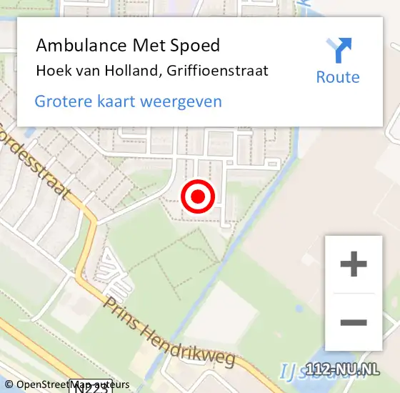 Locatie op kaart van de 112 melding: Ambulance Met Spoed Naar Hoek van Holland, Griffioenstraat op 30 mei 2024 05:52