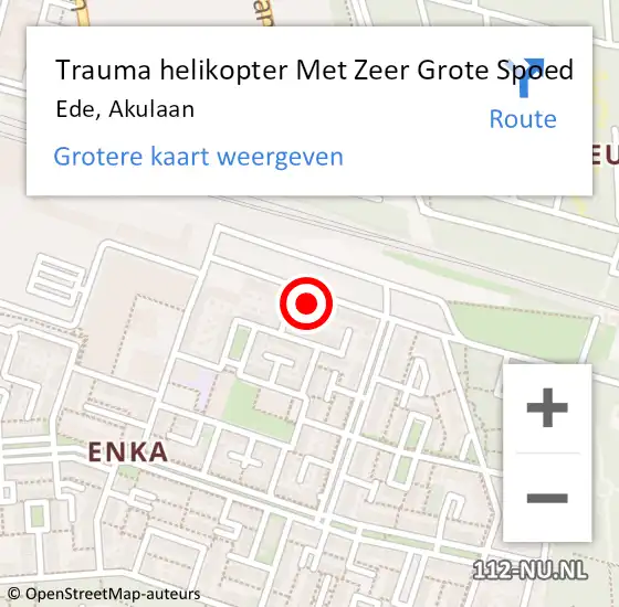 Locatie op kaart van de 112 melding: Trauma helikopter Met Zeer Grote Spoed Naar Ede, Akulaan op 30 mei 2024 07:50