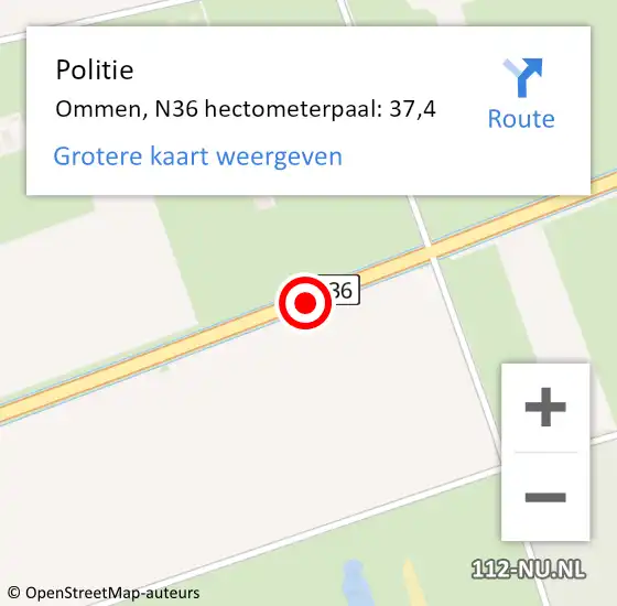 Locatie op kaart van de 112 melding: Politie Ommen, N36 hectometerpaal: 37,4 op 30 mei 2024 08:02