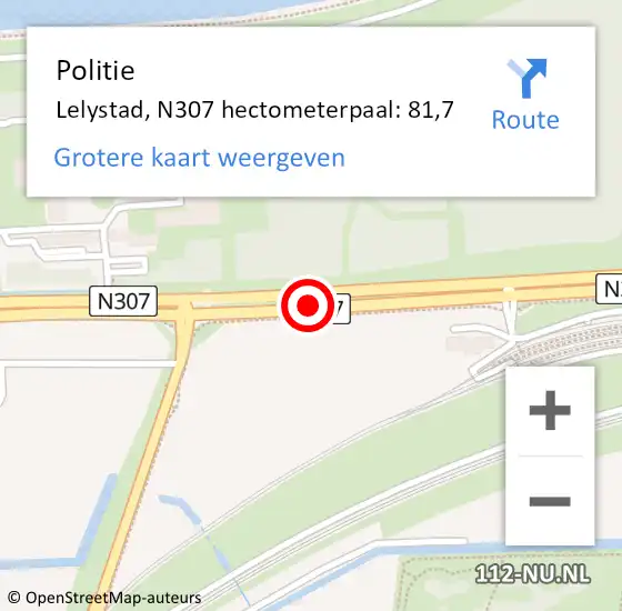 Locatie op kaart van de 112 melding: Politie Lelystad, N307 hectometerpaal: 81,7 op 30 mei 2024 09:46