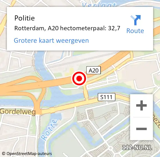 Locatie op kaart van de 112 melding: Politie Rotterdam, A20 hectometerpaal: 32,7 op 30 mei 2024 10:02