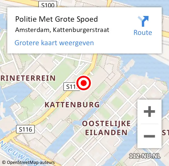 Locatie op kaart van de 112 melding: Politie Met Grote Spoed Naar Amsterdam, Kattenburgerstraat op 30 mei 2024 11:59
