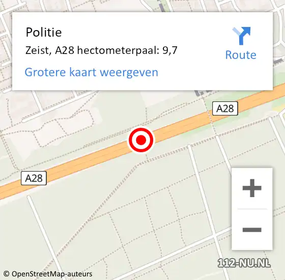 Locatie op kaart van de 112 melding: Politie Zeist, A28 hectometerpaal: 9,7 op 30 mei 2024 14:05