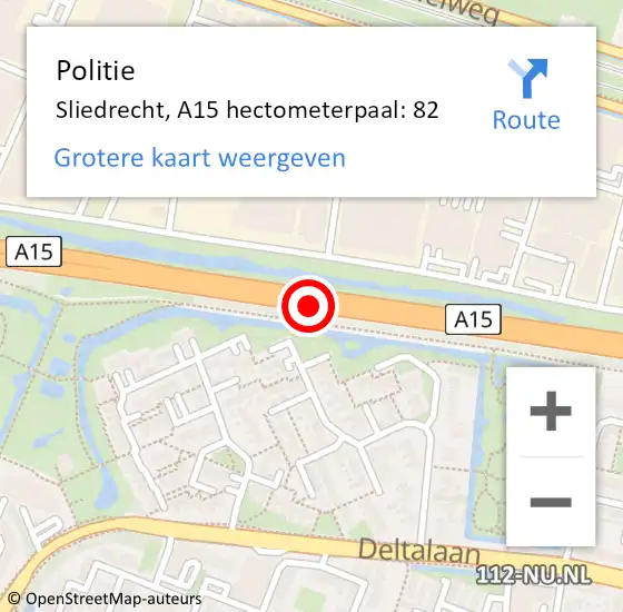 Locatie op kaart van de 112 melding: Politie Sliedrecht, A15 hectometerpaal: 82 op 30 mei 2024 14:43